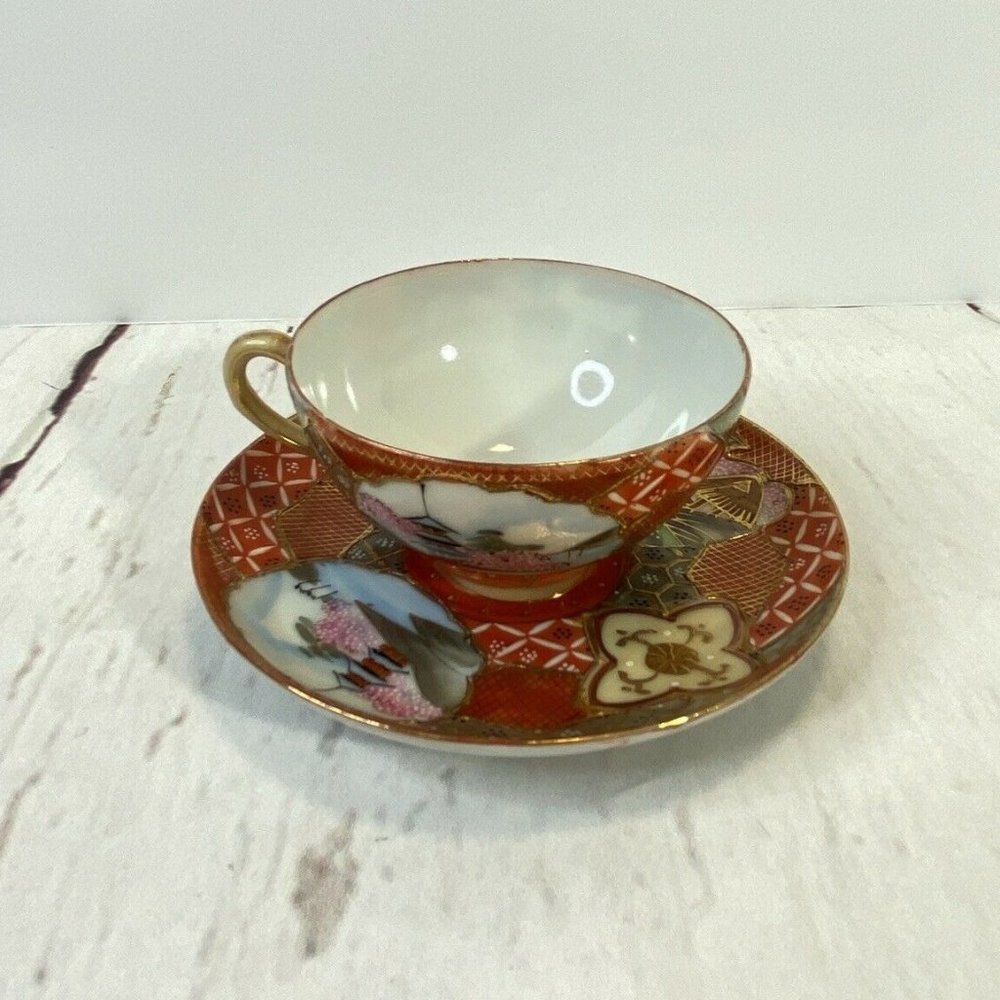Antique Decorative Japanese Gold Moriage Cup and Saucer Signed Hand Painted